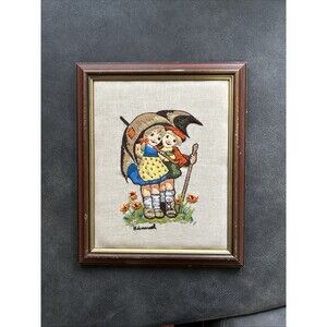 Vintage Hummel Embroidered Flowers Boy Girl Umbrella Rain Picture Crewel Yarn